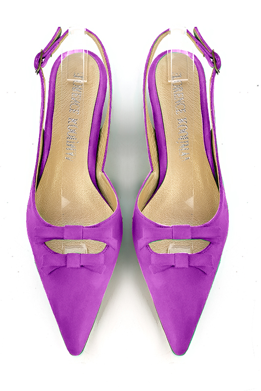Mauve purple women's open back shoes, with a knot. Pointed toe. Flat kitten heels. Top view - Florence KOOIJMAN
